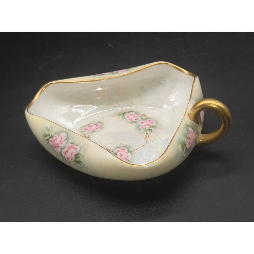 Vtg Epiag Royal Czechoslovakia Porcelain Candy Dish Gold Yellow Roses Triangle